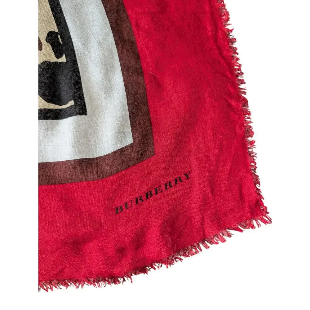 Burberry Leopard Cheetah Animal Print Red Silk Blend Scarf Italy Fringe Large